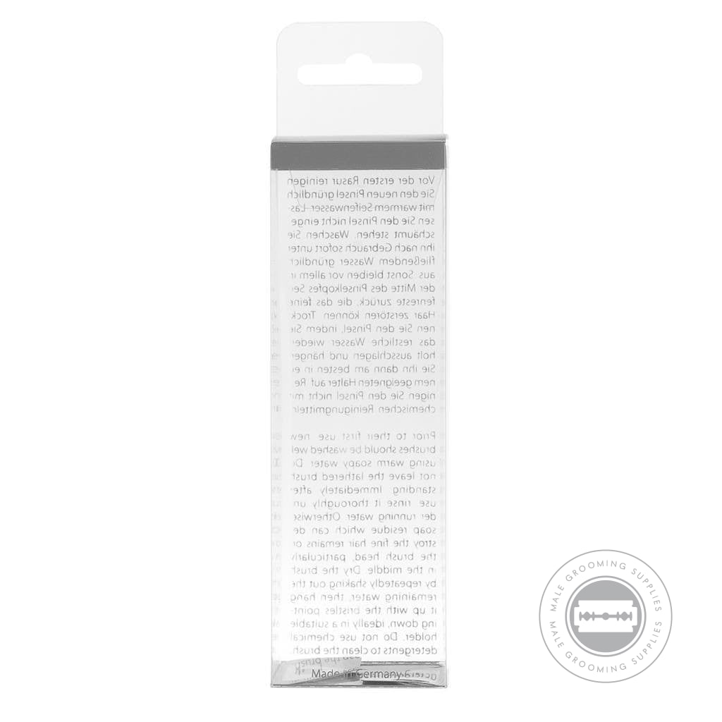 Rear view of Muhle Modern Black Fibre Red Steamed Ash Shaving Brush packaging, showcasing product details.