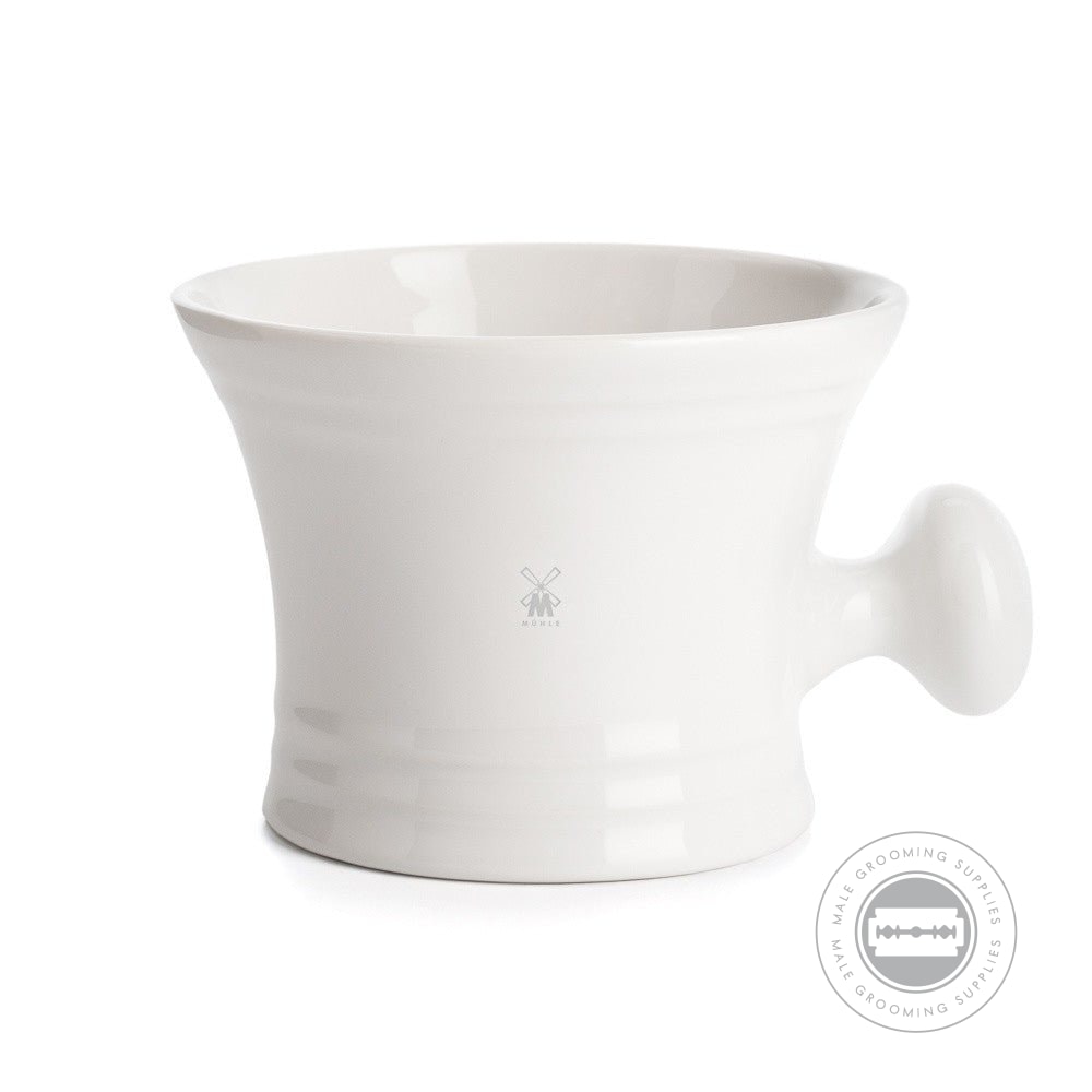 Muhle Porcelain White Shaving Mug with knobby handle and high brim, ideal for wet shaving and solid shaving soaps.