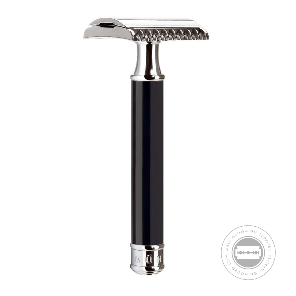 Muhle R101 Safety Razor featuring an open comb design and sleek black high-grade resin handle with chrome-plated accents.