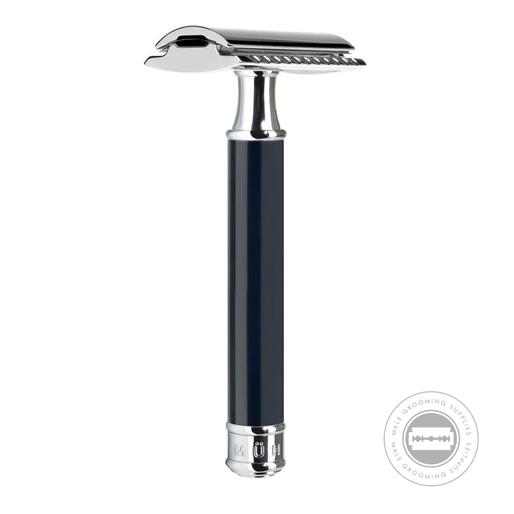 Full view of the Muhle R106 Safety Razor, highlighting its black high-grade resin handle, chrome-plated accents, and closed comb design for a precise shave.
