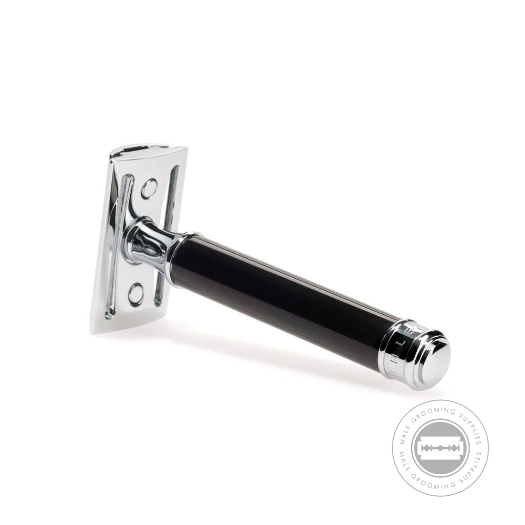 Close-up view of the Muhle R106 Safety Razor's open head and chrome-plated details, showcasing the black high-grade resin handle and sleek design.