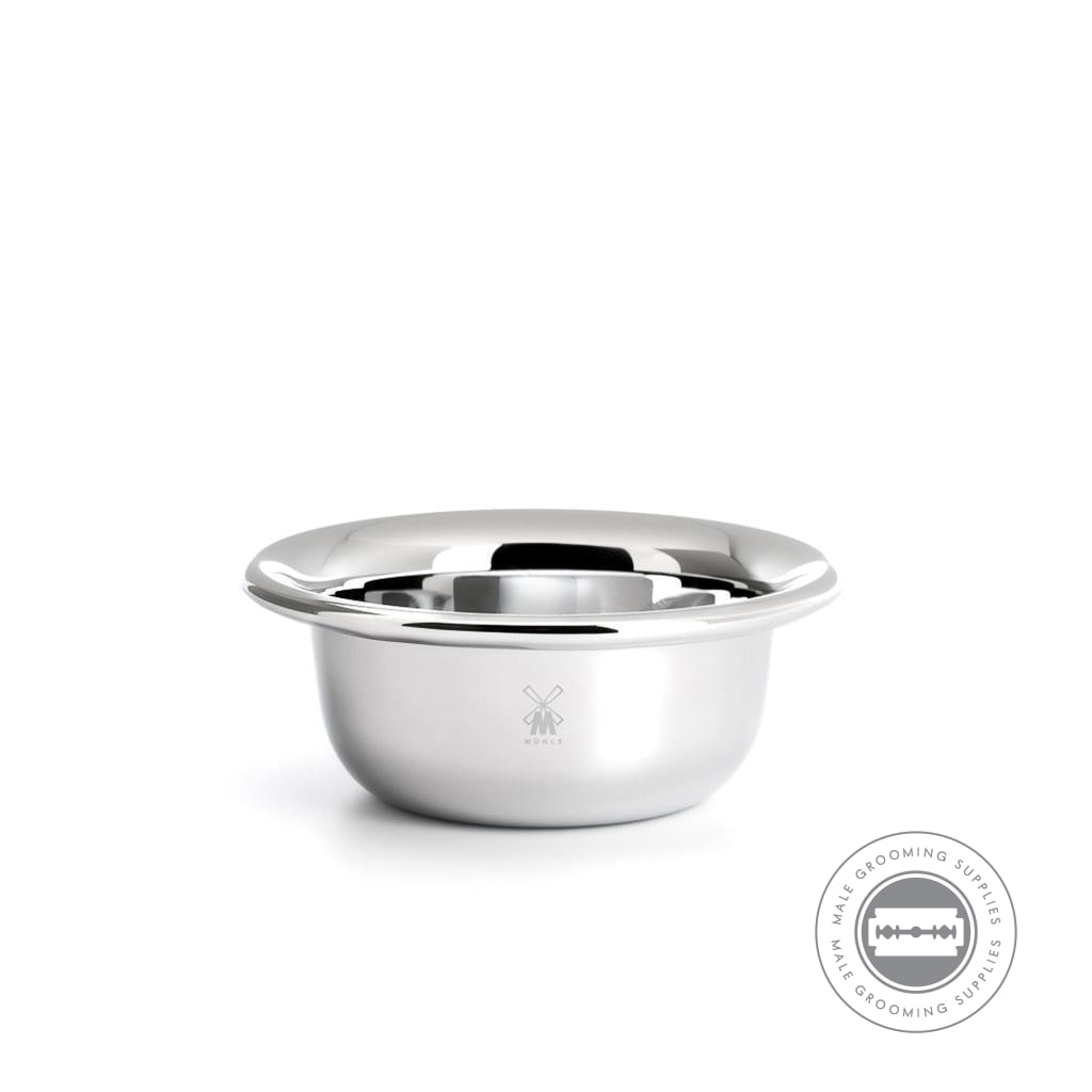 Muhle Shaving Bowl in chrome-plated stainless steel, featuring a sleek, minimalist design for lathering and soap storage.