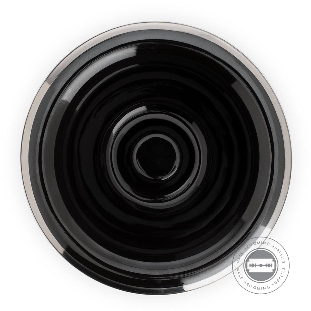 Top view of the Muhle Shaving Bowl in black porcelain with a platinum rim, showing the inner elevation for soap.
