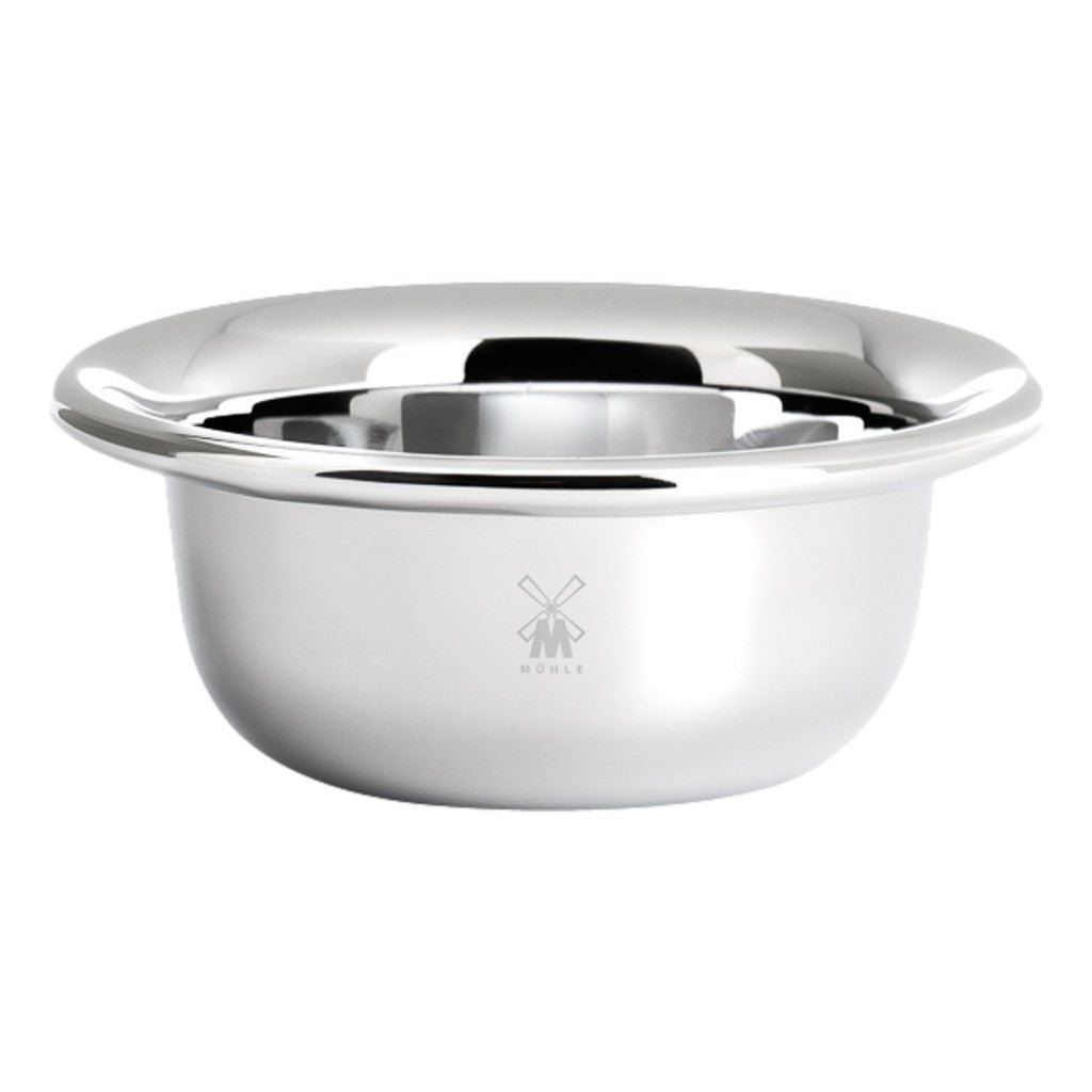 Muhle Shaving Bowl in chrome-plated stainless steel, featuring a sleek, minimalist design for lathering and soap storage - close up.