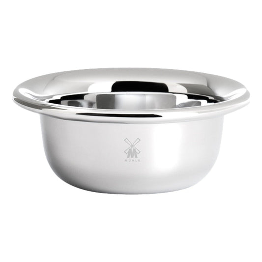 Muhle Shaving Bowl in chrome-plated stainless steel, featuring a sleek, minimalist design for lathering and soap storage - close up.