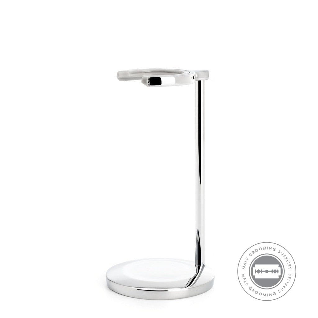 Muhle Shaving Brush Stand RHM22P with a heavy chrome-plated base, designed for VIVO and RYTMO series brushes.