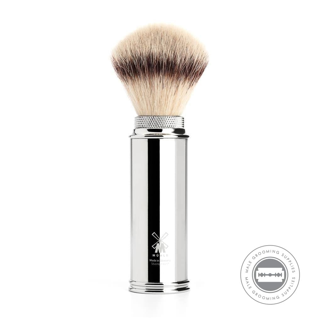 Muhle Travel Shaving Brush in Chrome with Silvertip Fibre® bristles, fully assembled, showcasing the sleek and elegant chrome-plated design.