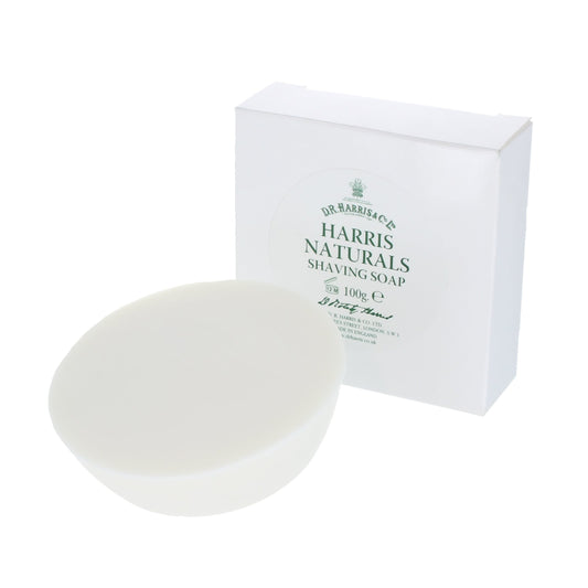 D.R. Harris Naturals shaving soap bar and packaging on a white background