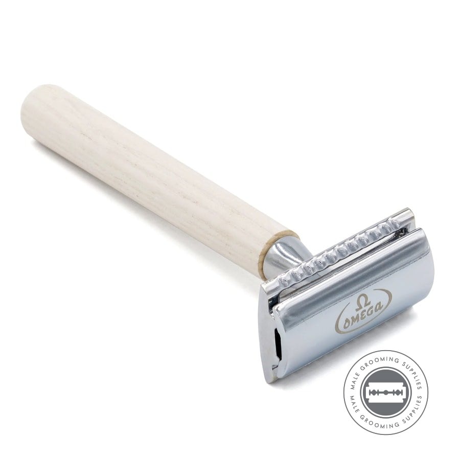 Omega Beige Wooden Double Edge Safety Razor with gift box for a smooth and precise shaving experience.