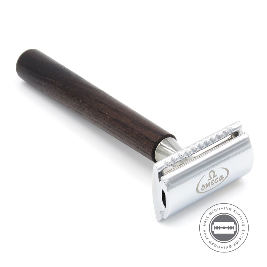 Omega Brown Wooden Double Edge Safety Razor with a rich brown wooden handle for safe and precise shaving.