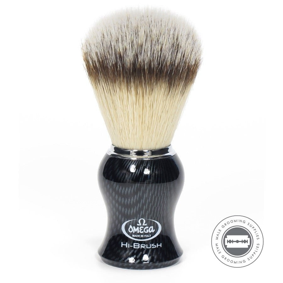 Omega Hi-BRUSH Fiber Shaving Brush with carbon fiber effect and synthetic fibers for superior lather performance.