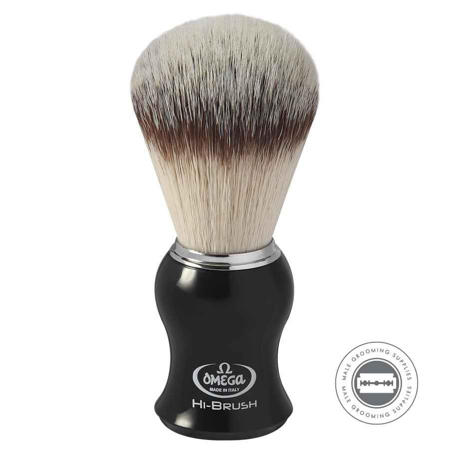 Omega HI-BRUSH Synthetic Fibre Shaving Brush 46206 with black ABS plastic handle in gift box.