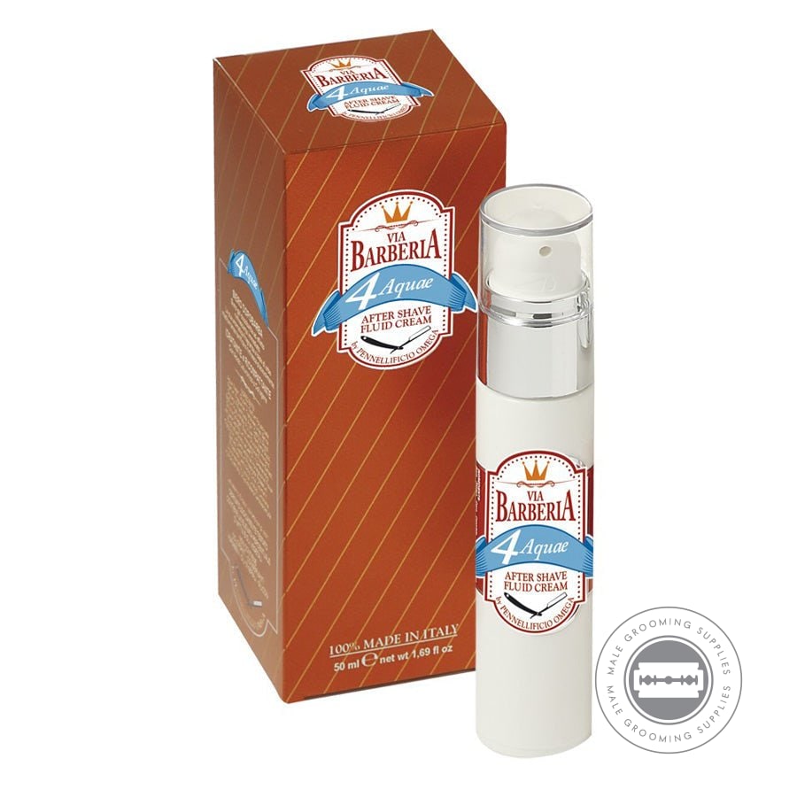 Omega Via Barberia Acquae Aftershave Fluid Cream 50ml enriched with hyaluronic acid, argan oil, and shea butter for soothing, hydrating care.
