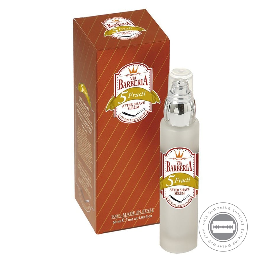 Omega Via Barberia Fructi Aftershave Serum Gel 50ml with hyaluronic acid, collagen, and citrus fragrance for refreshing post-shave care.