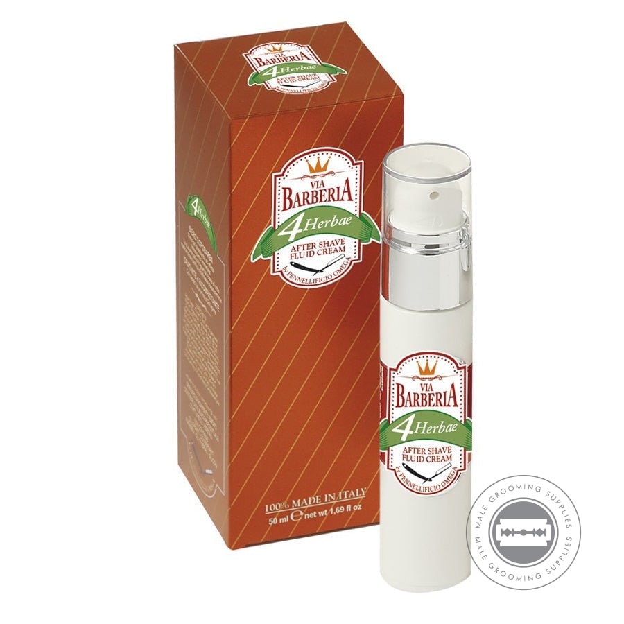 Omega Via Barberia Herbae Aftershave Fluid Cream 50ml with argan oil and eucalyptus for post-shave hydration and refreshment.