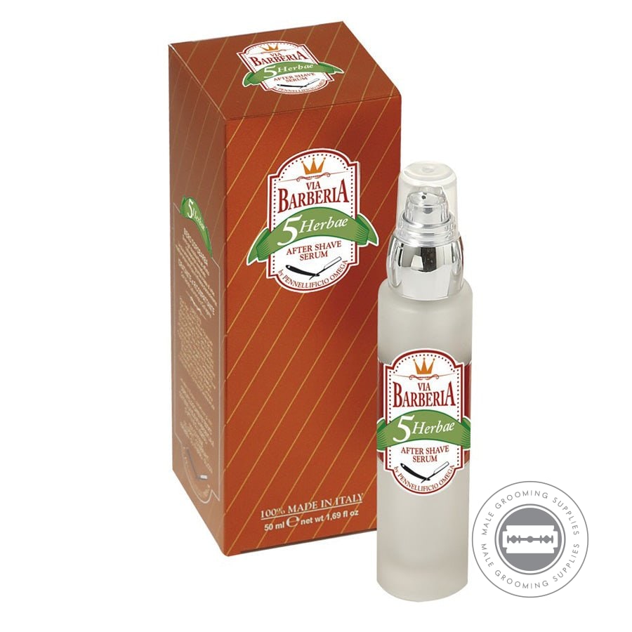Omega Via Barberia Herbae Aftershave Serum Gel 50ml for hydration, firming, and cooling post-shave care with hyaluronic acid.