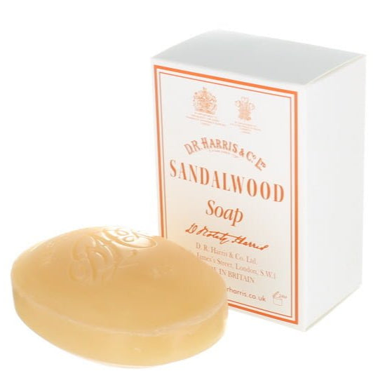 D.R. Harris Sandalwood soap bar with packaging on a white background