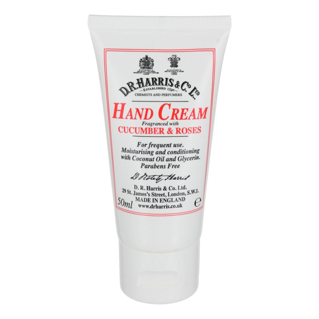 Tube of D.R. Harris hand cream with cucumber and roses fragrance on a white background