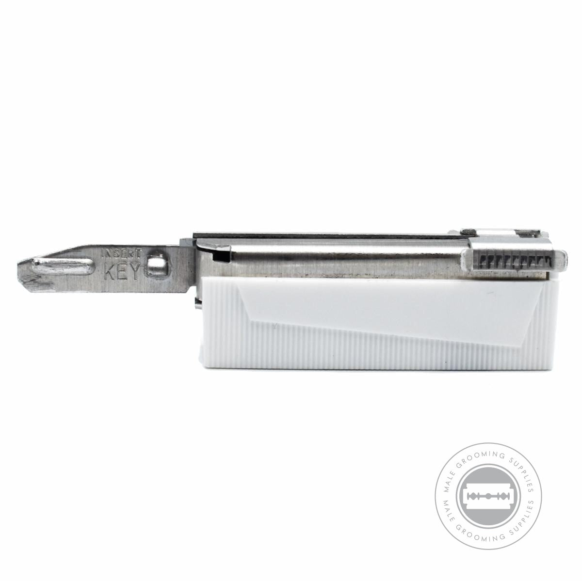 Close-up of the Parker Adjustable Injector Razor Version 3 with blade loading mechanism.