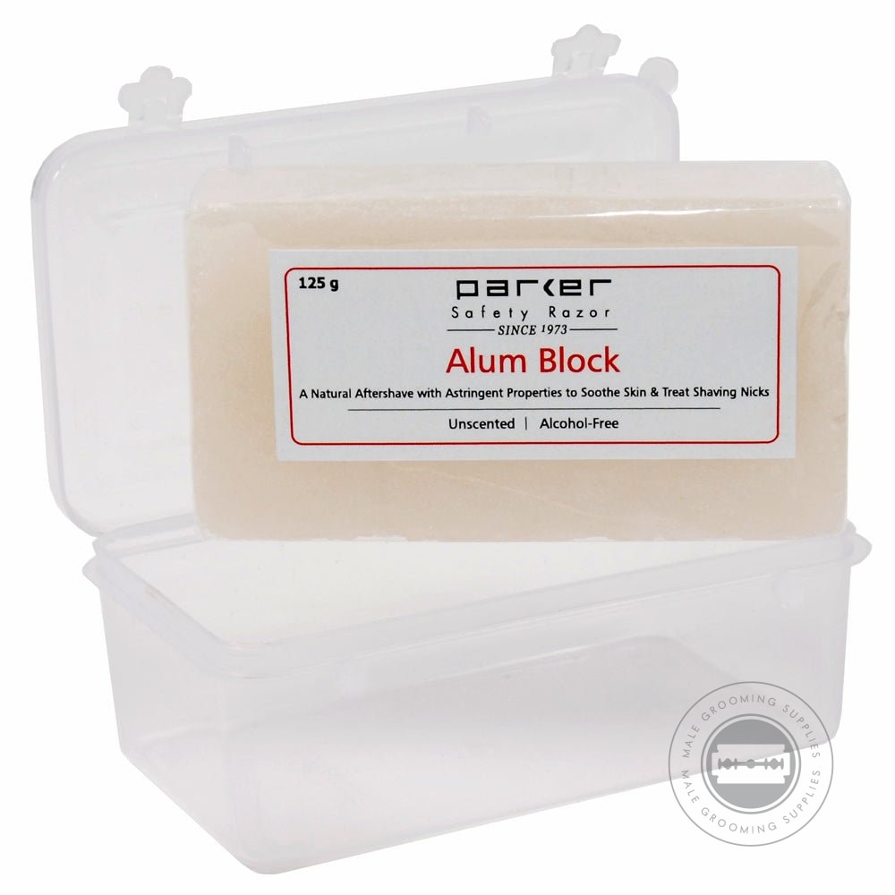 Parker Alum Block in a clear plastic travel case, showcasing its premium quality and hygienic packaging.