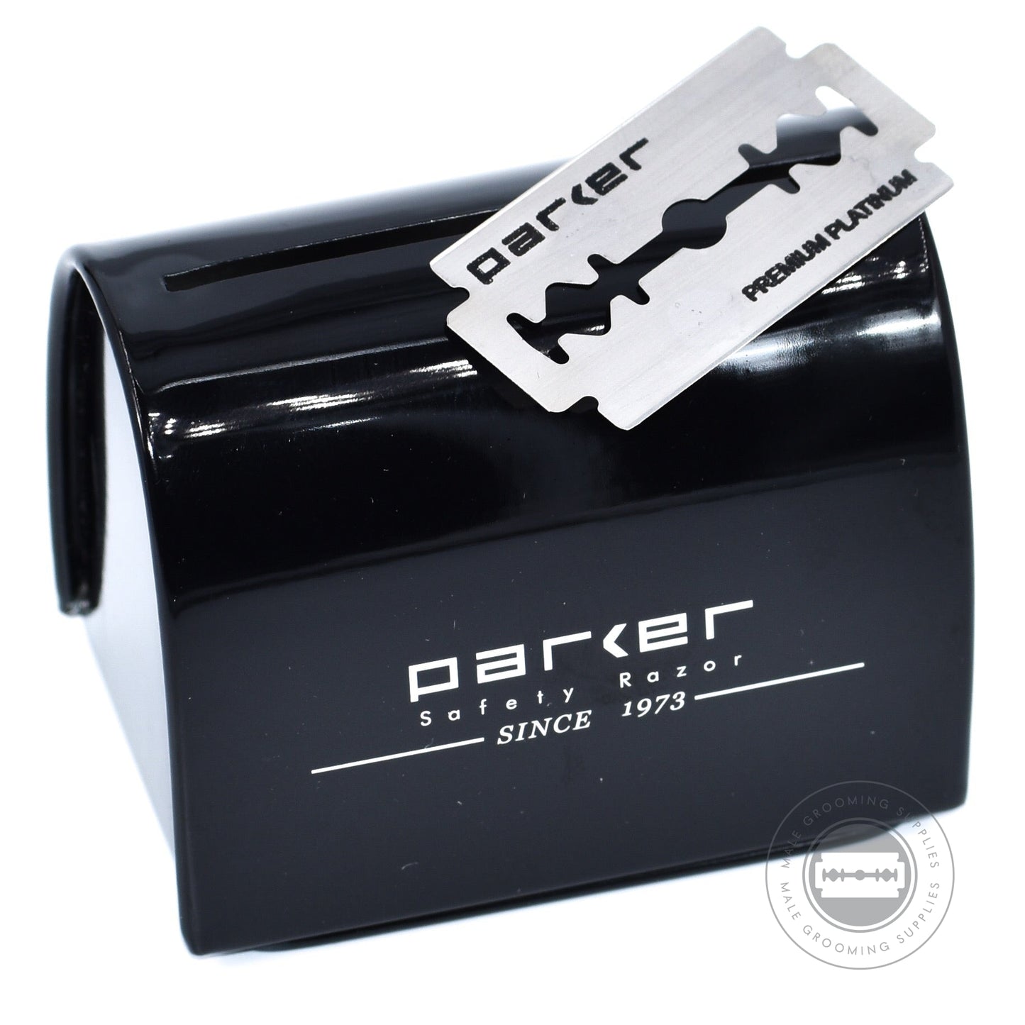 Parker Blade Disposal Bank with a premium platinum razor blade inserted into the disposal slot.