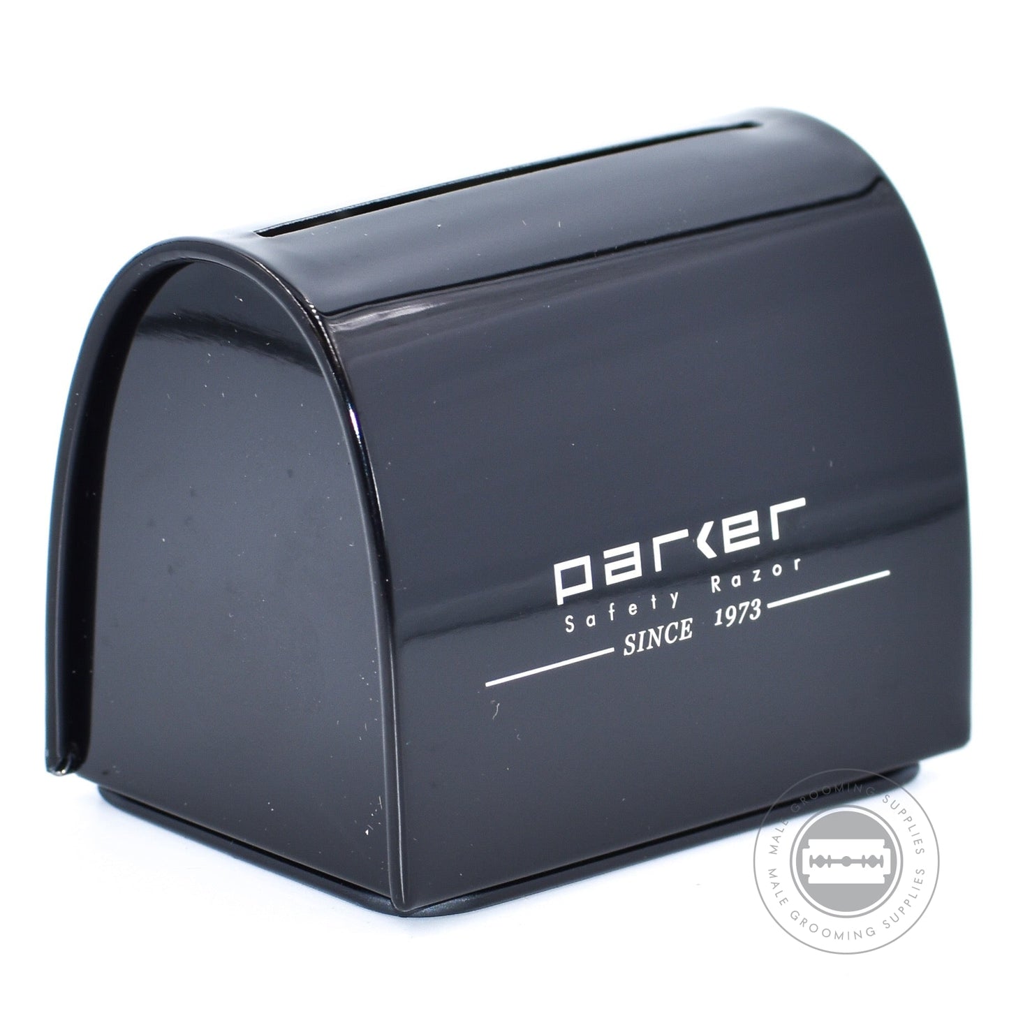 Closed Parker Blade Disposal Bank with a sleek black finish and "Parker Safety Razor Since 1973" logo.