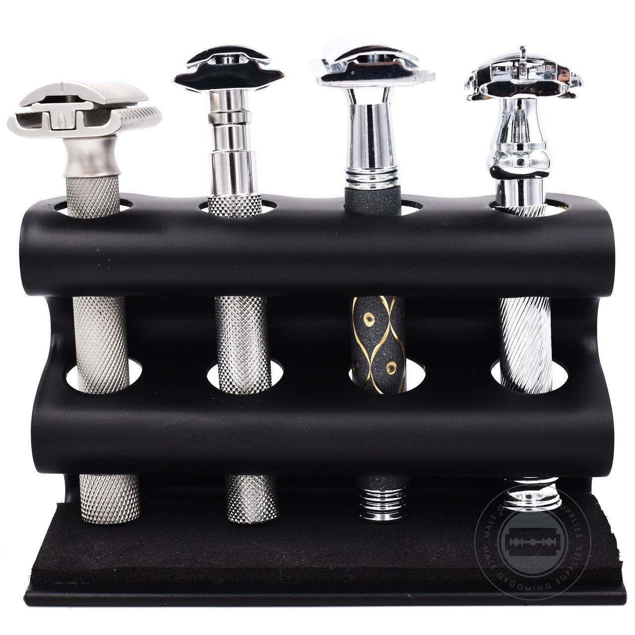 Black Parker Caddy 4 Razor Stand made of solid brass with space for four razors and a padded washable base.