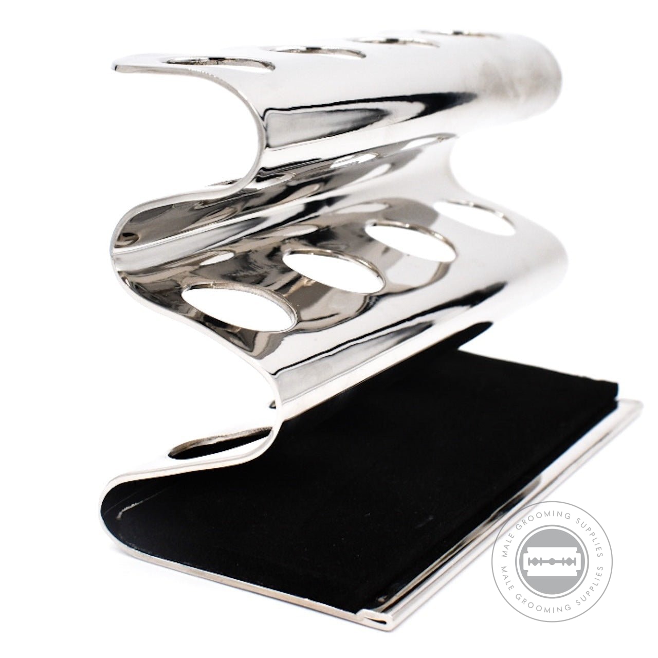 Side view of Chrome Parker Caddy 4 Razor Stand with mirror finish, featuring a padded washable base.
