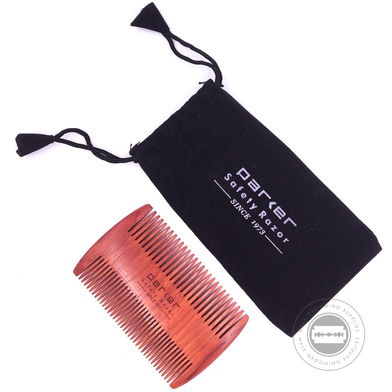 Parker Rosewood Beard Comb placed alongside its black protective gift pouch.