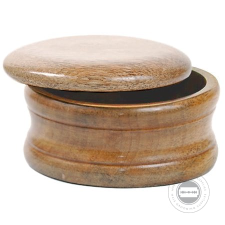 Parker Honey Mango Wood Shaving Soap Bowl with lid partially open, revealing the handcrafted interior and honey-coloured mango wood design.