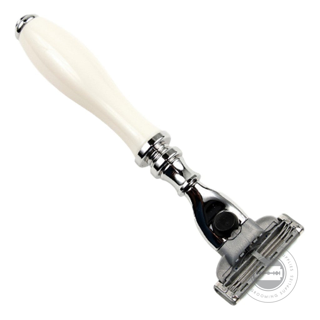 Parker 111W-M3 Mach 3 Razor with white resin handle, compatible with Gillette Mach 3 blades.