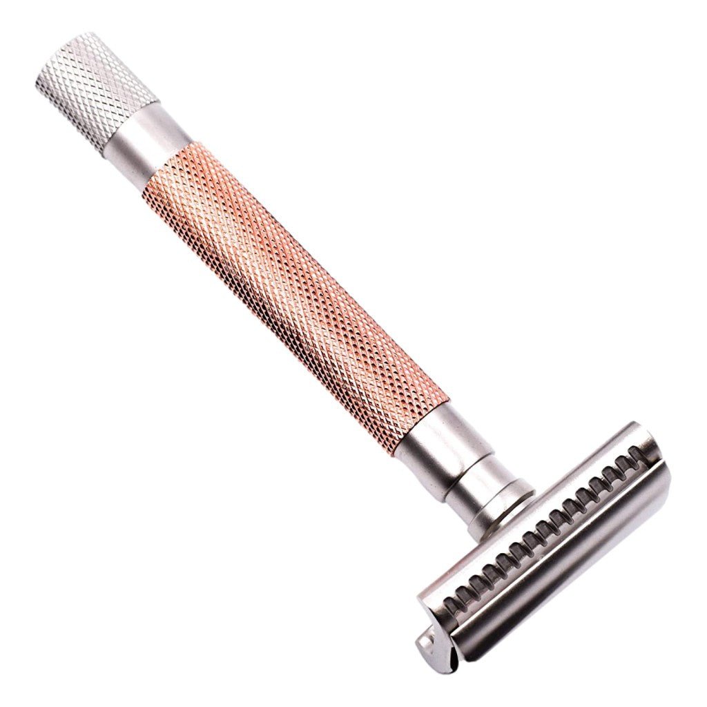 Parker 55SL Semi-Slant Safety Razor in textured rose gold and satin chrome finish, ideal for sensitive skin.