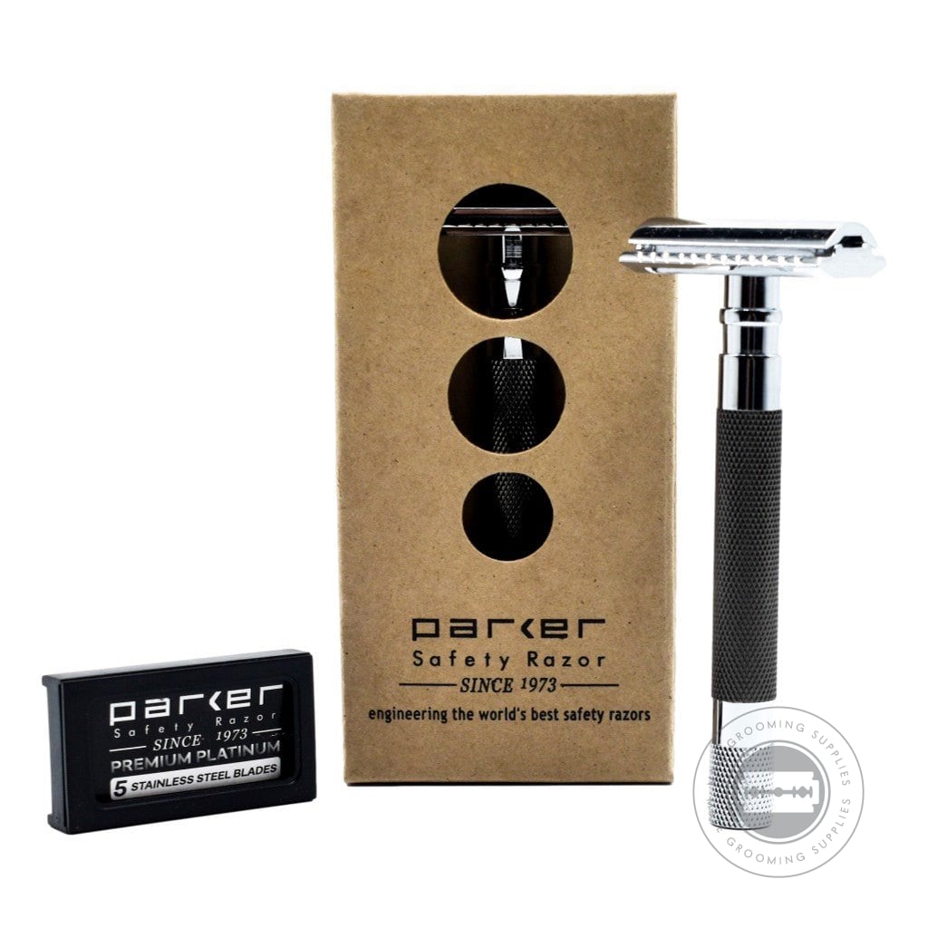 Parker 56R-Graphite Safety Razor displayed with its cardboard packaging and a box of Parker Premium Platinum blades.