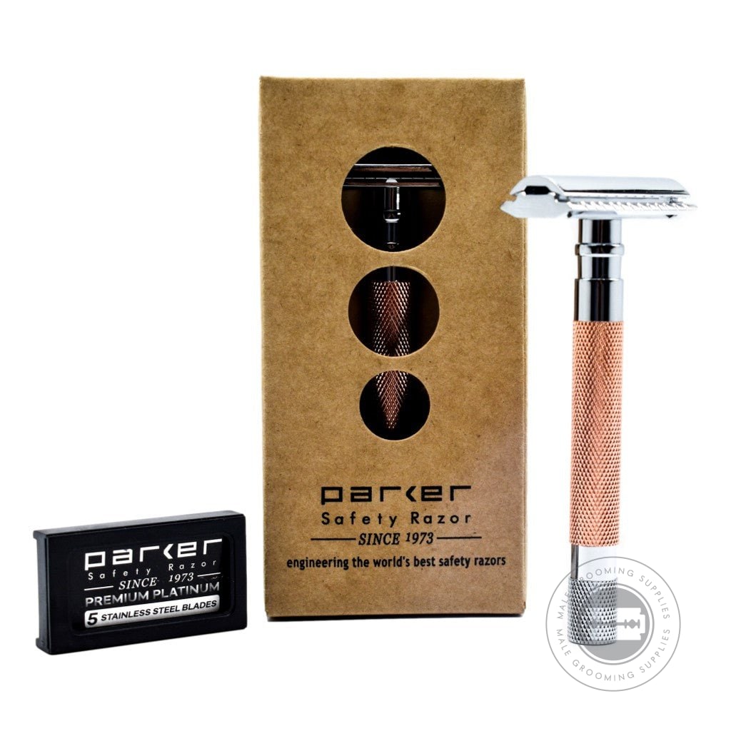 Parker 56R-RG Safety Razor displayed with its cardboard packaging and a box of Parker Premium Platinum blades.