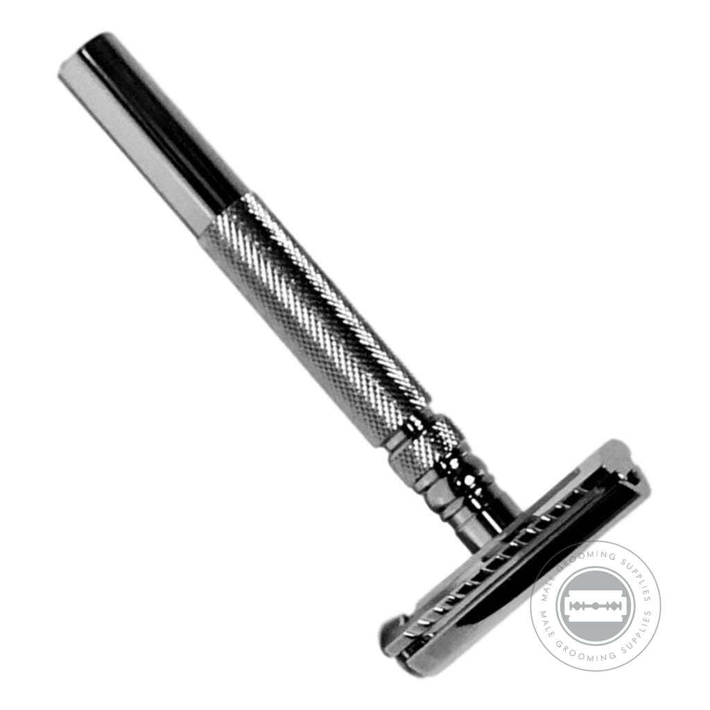 Parker 61R DE Safety Razor with a chrome-plated brass handle, polished head, and knurled base for effortless blade replacement.