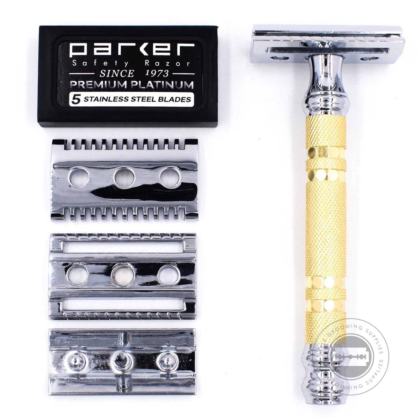 Disassembled Parker 69CR Convertible Safety Razor with open and closed comb base plates, brass handle, and chrome accents.