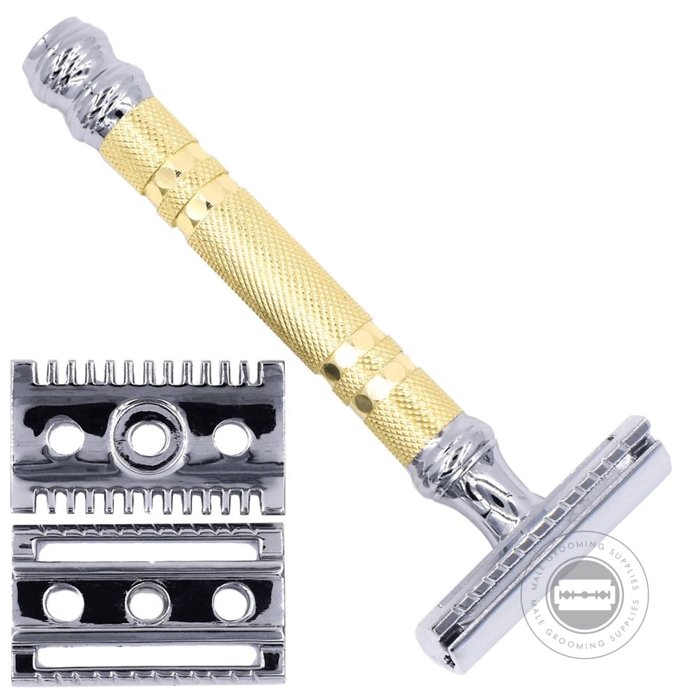 Assembled Parker 69CR Convertible Safety Razor with a brass handle, chrome accents, and both open and closed comb base plates displayed.