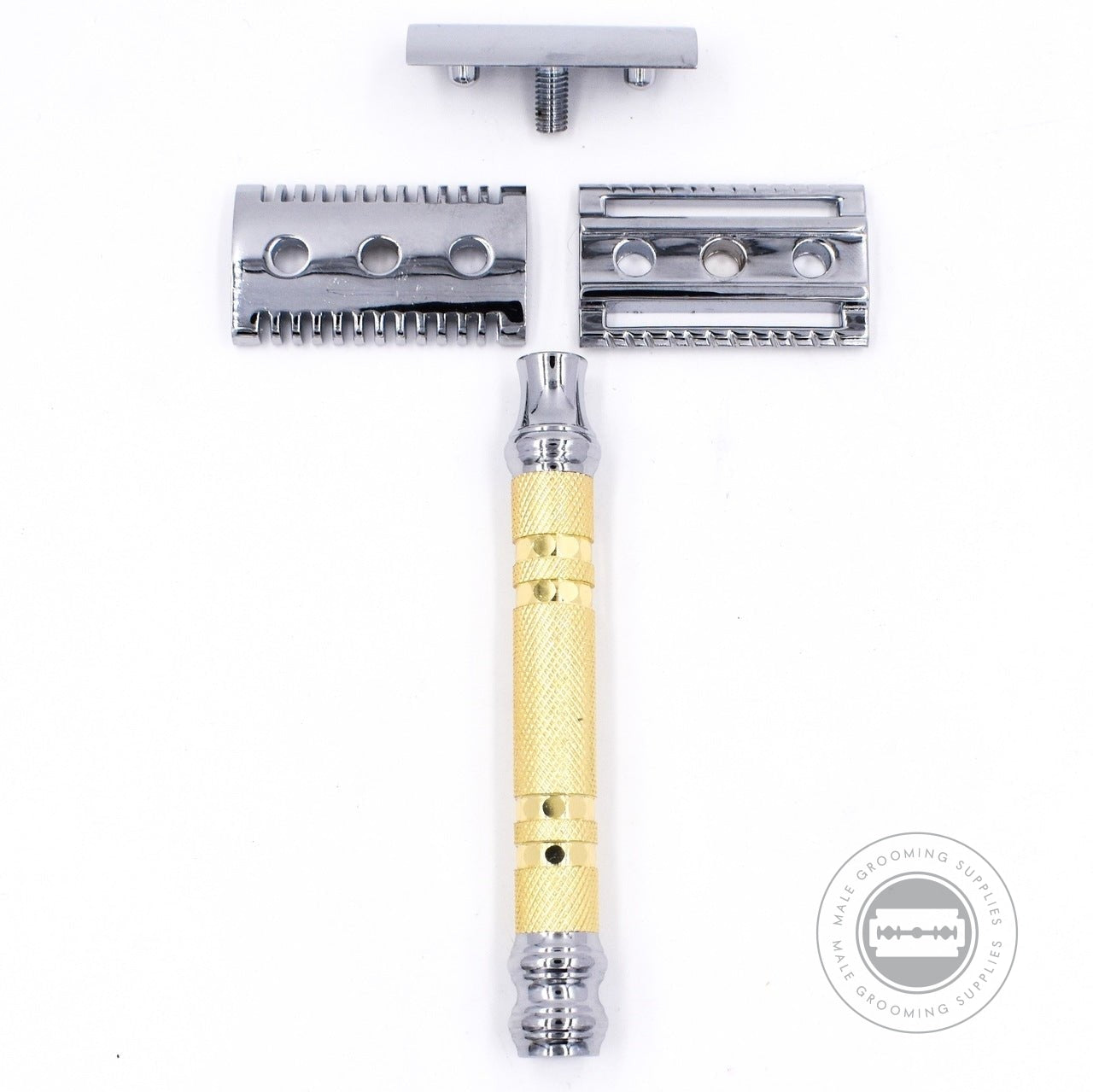 Parker 69CR Convertible Safety Razor shown with both base plates disassembled, highlighting its interchangeable design.