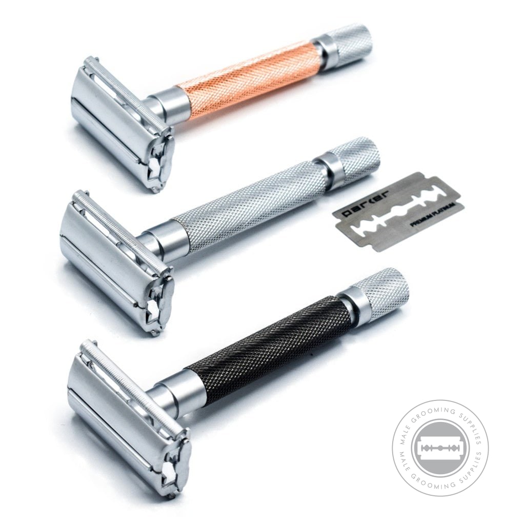 Parker Model No. 74R-SC Butterfly Safety Razor with a satin chrome finish, shown alongside the rose gold and graphite alternatives.