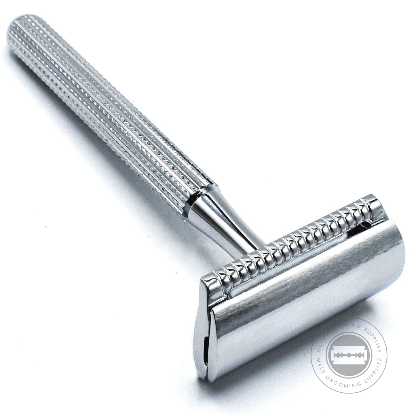 Angled view of the Parker Model No. 78R-CH safety razor highlighting the detailed electroplated handle and precision razor head.