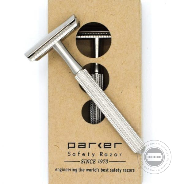Parker Model 78R-SC safety razor in satin chrome finish displayed in its branded eco-friendly cardboard packaging.