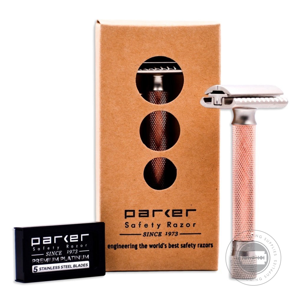 Parker Variant Adjustable Safety Razor in rose gold with satin chrome accents, displayed with packaging and included premium platinum blades.