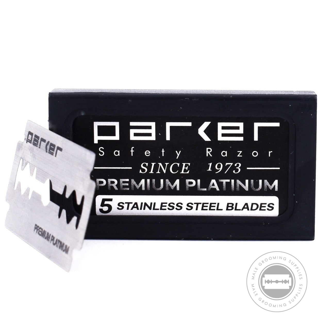 Parker Premium Platinum Double Edge Razor Blade pack with a single blade displayed.