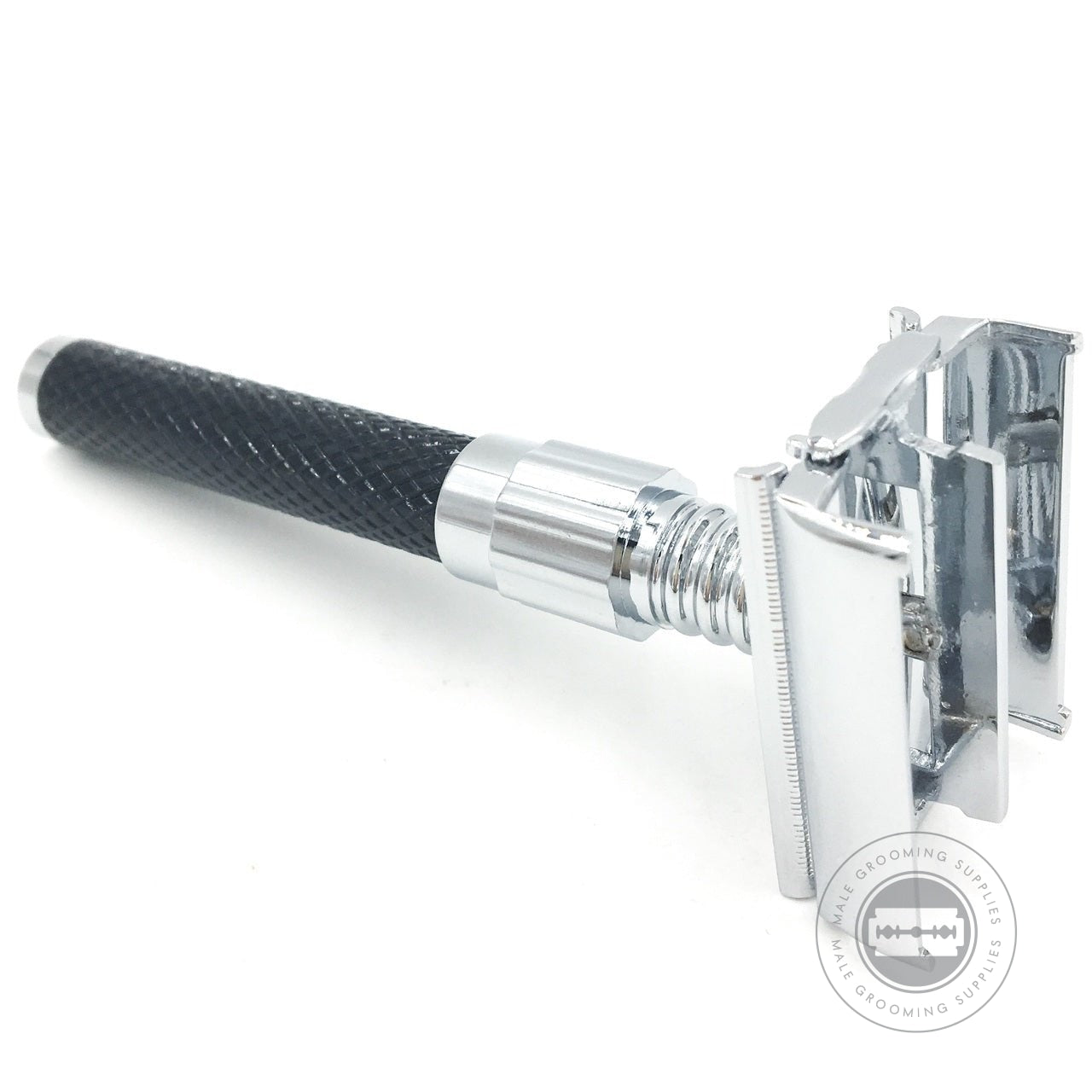 Parker Safety Razor 92R with textured black handle and chrome butterfly head, shown with the blade compartment open.