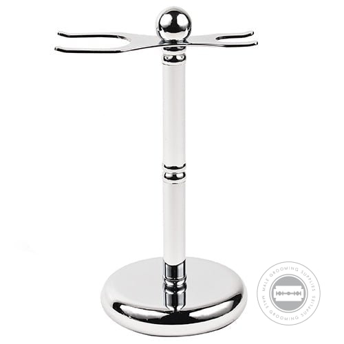 Chrome-plated Parker Safety Razor and Brush Stand with weighted base for proper storage of grooming tools.