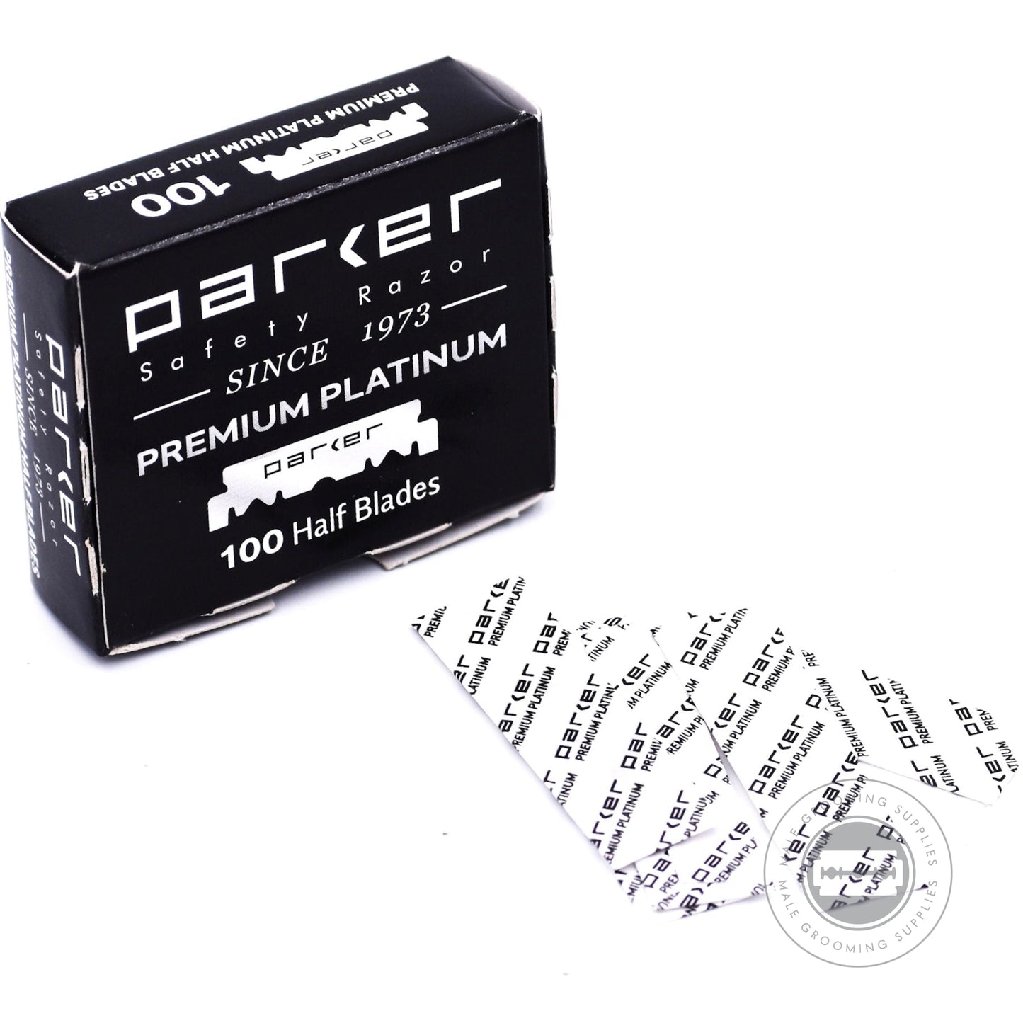 Close-up of Parker Premium Platinum Single Edge Blades, featuring high-quality platinum and chromium coating for smooth shaves.