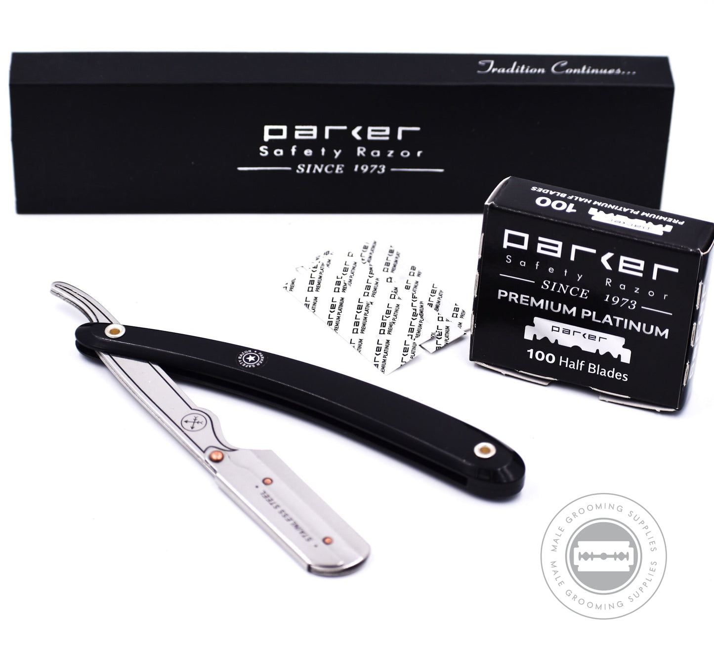 Parker Platinum Single Edge Blades displayed with a shavette razor and box, highlighting the convenience of precut premium blades.