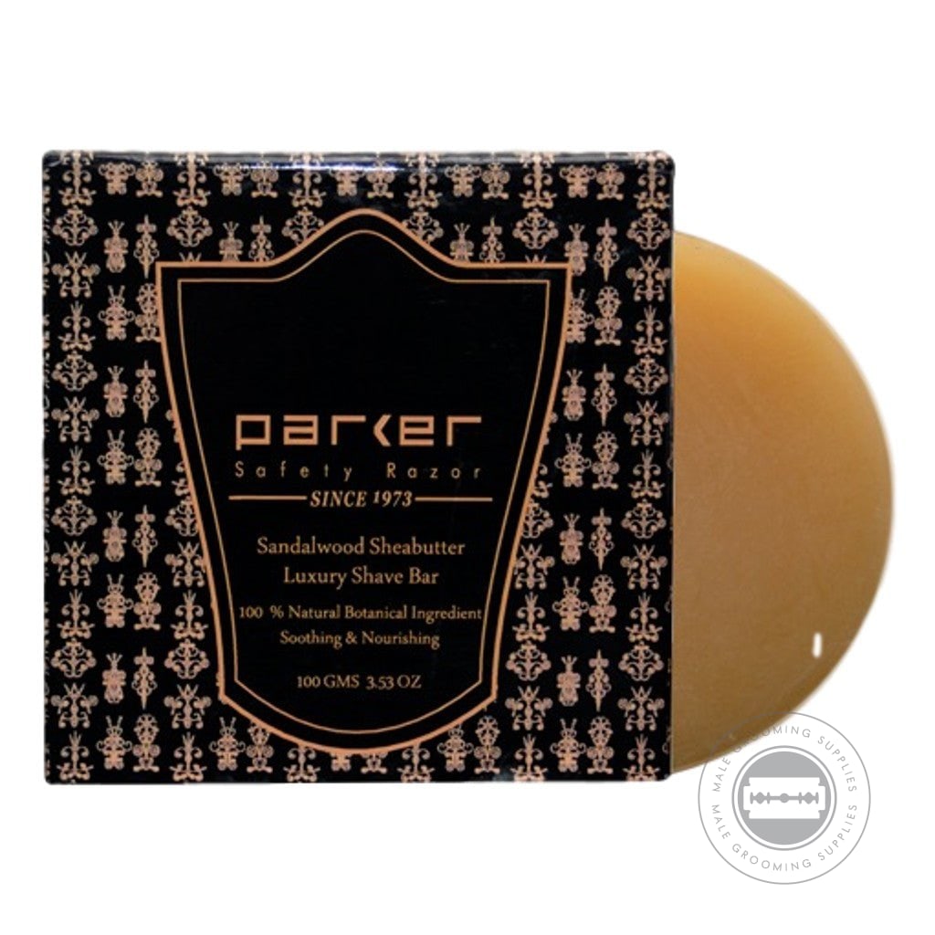 Parker Sandalwood & Shea Butter Shaving Soap 100g, featuring Ethiopian Shea Butter and natural oils for a rich lather and smooth shave.