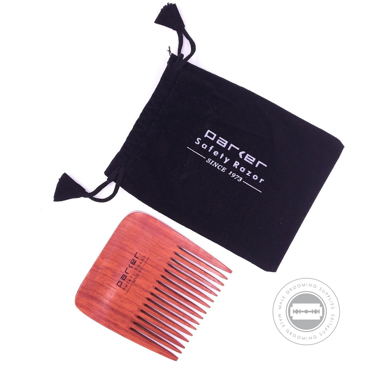 Parker Premium Rosewood Beard Comb with black protective pouch, engraved with Parker Safety Razor logo.