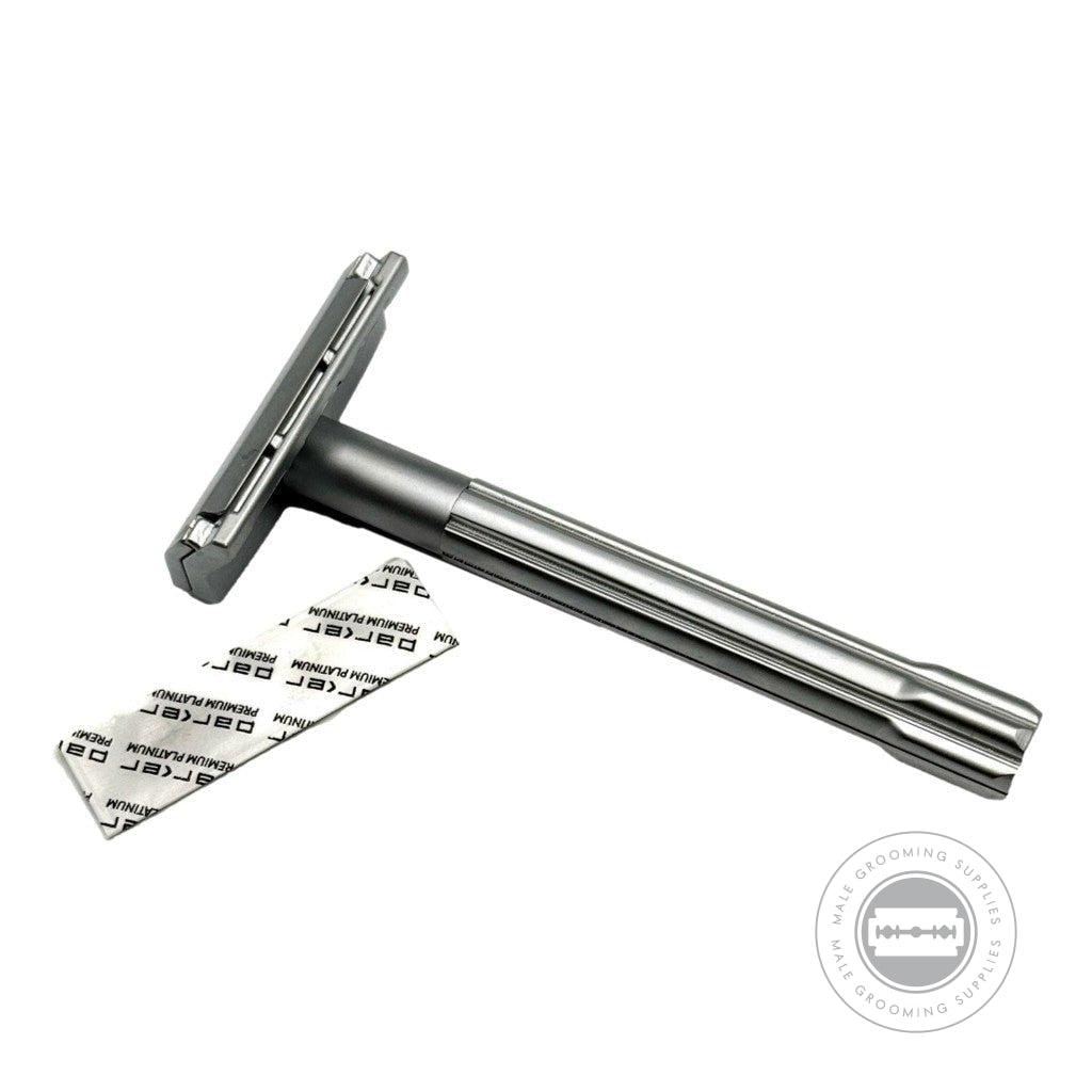 Parker SoloEdge Single Edge Safety Razor shown with an included blade, highlighting its two-piece design.